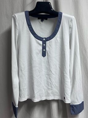 Tommy Hilfiger Long Sleeve Thermal, White Blue,   Roll Button Sleeve